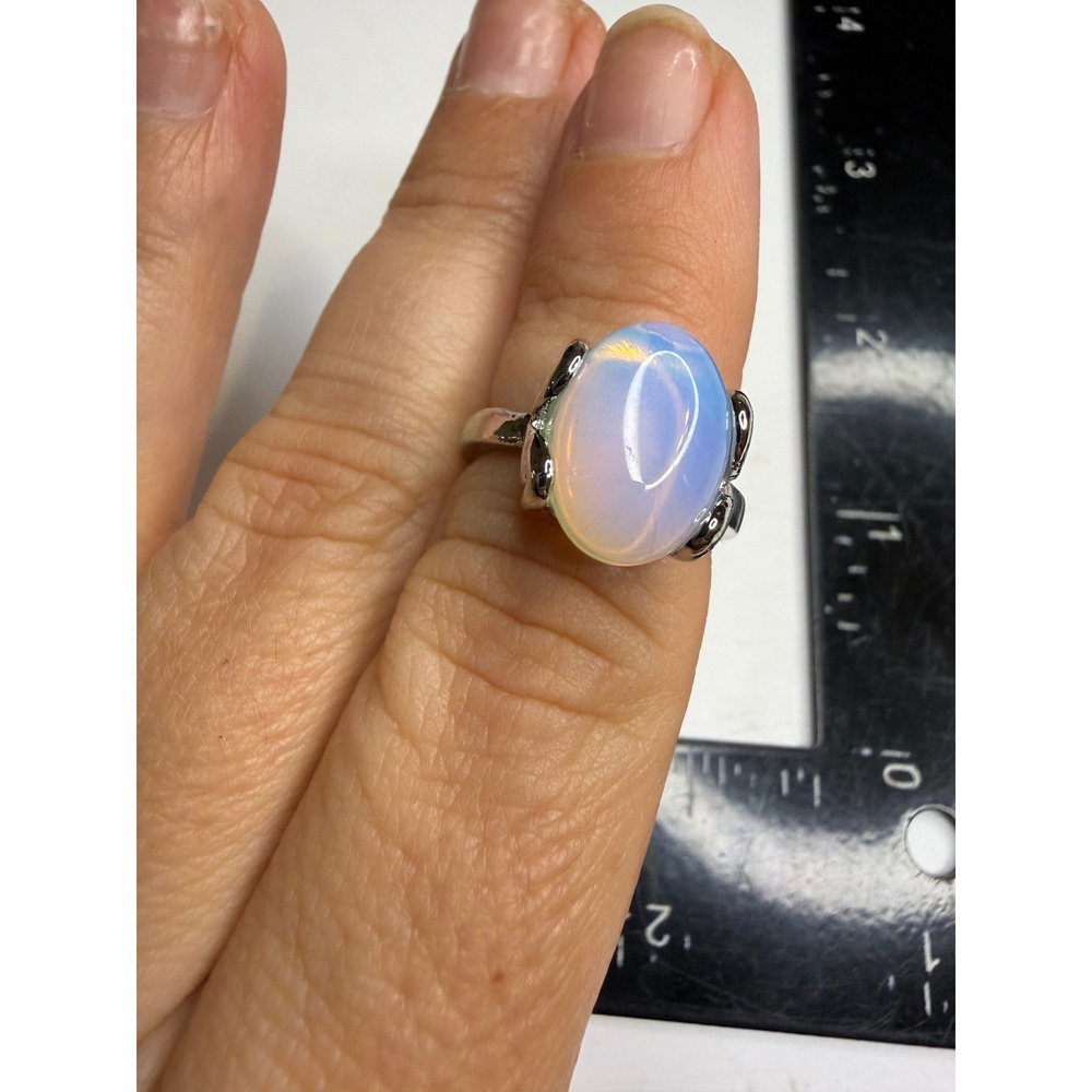 Opalite Oval Cabochon Ring Silver Tone Size 6.25 Iridescent Statement Jewelry